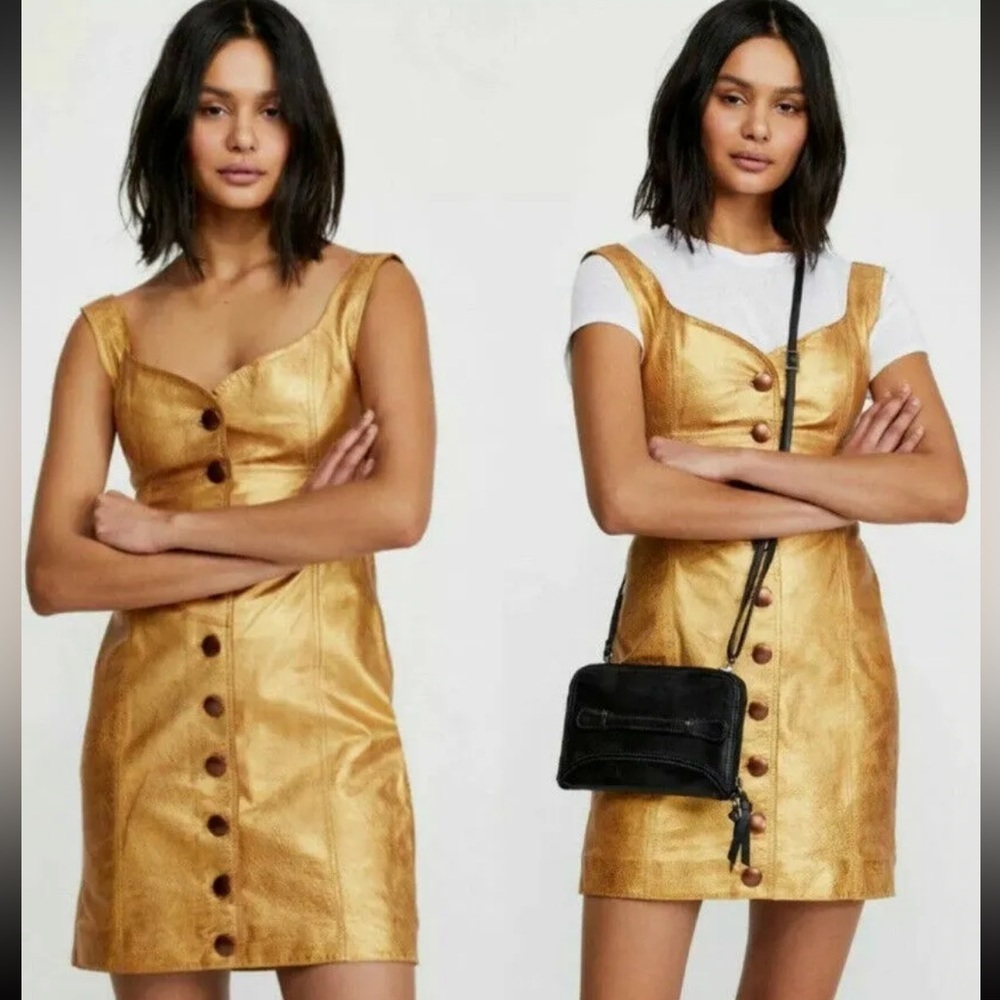 Free People Women's 6 Goldie Mini Gold Leather Button Dress Eras Tour Style